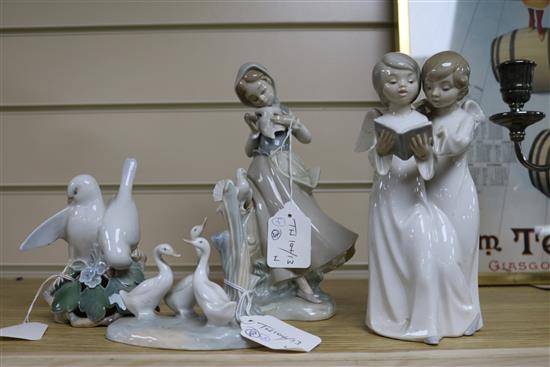 A Lladro figure of a girl with ducks, a Copenhagen figure and a Nao figure and a Lladro figure (4)